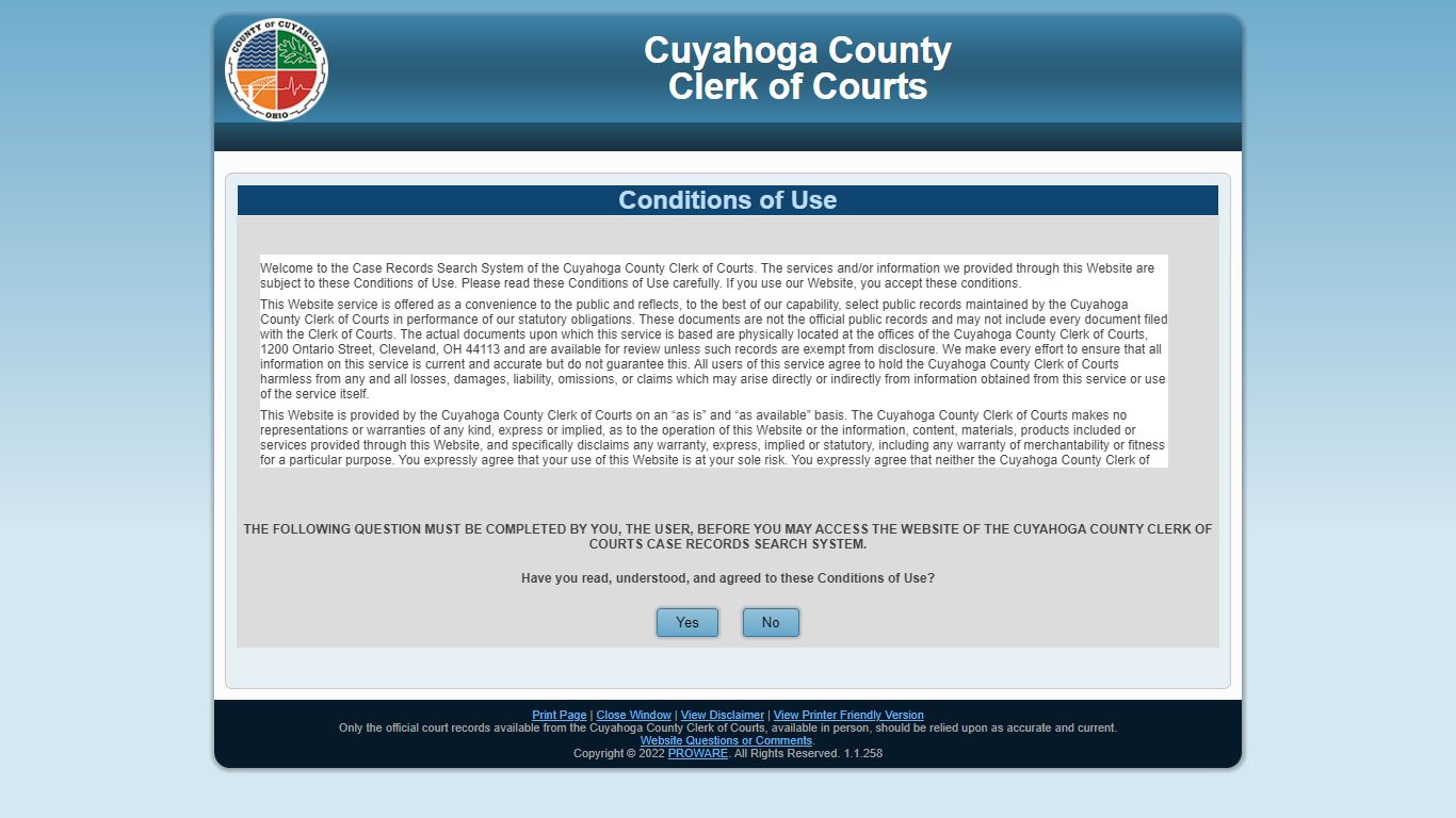 Cuyahoga County Clerk of Courts Site Terms of Service